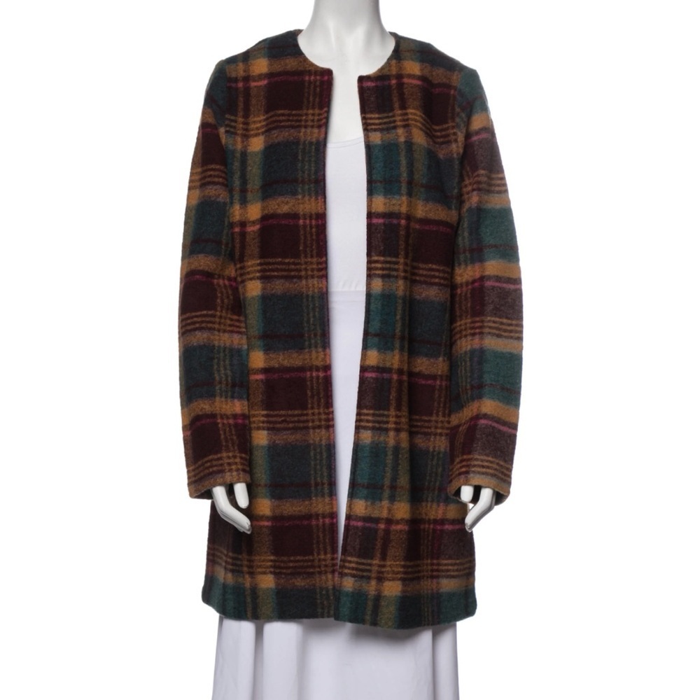 Rachel Zoe wool blend plaid coat midi large L burgundy green fall